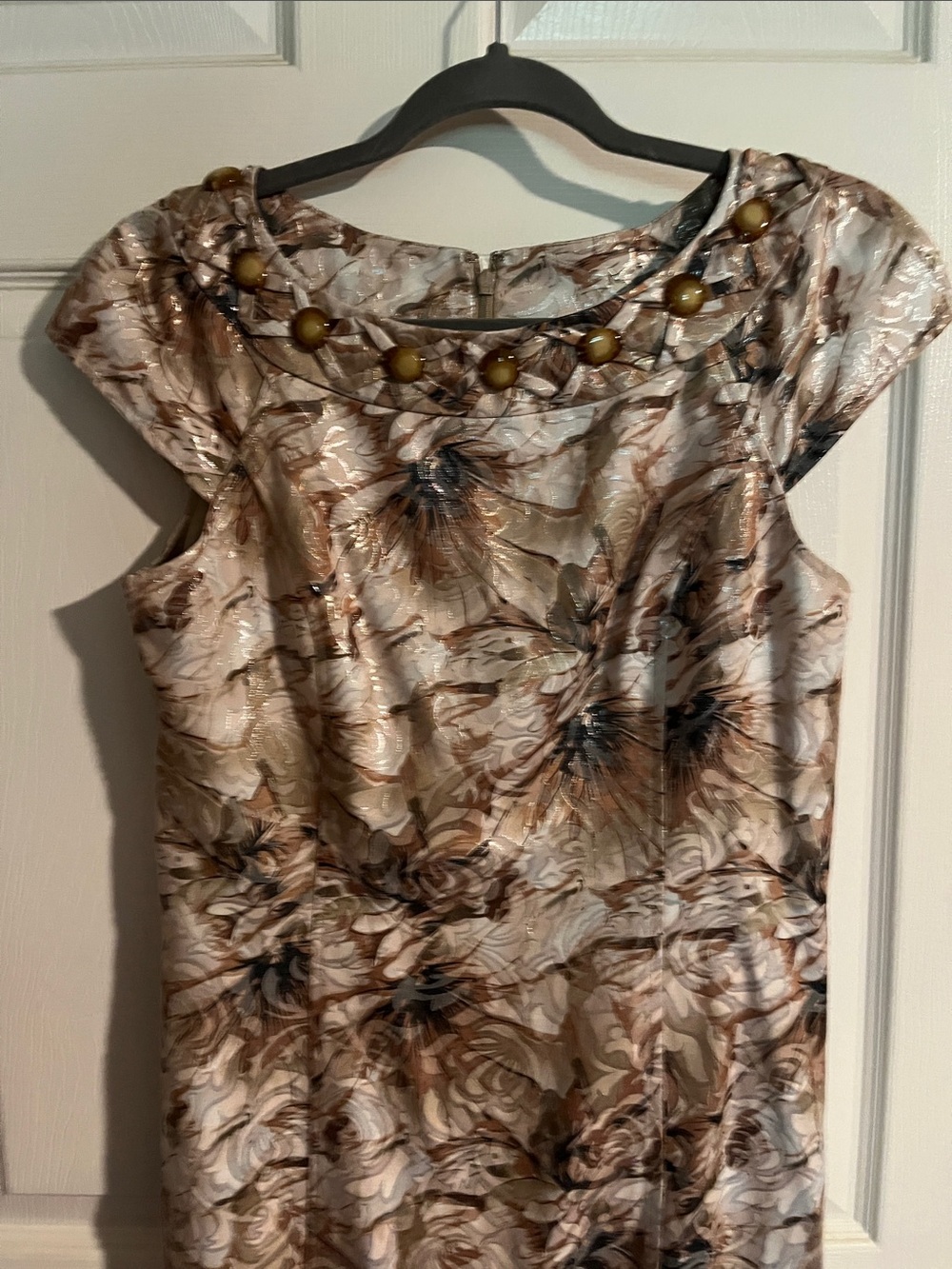 Madison Taupe and Cream Floral Midi Dress with Beaded Neckline